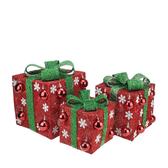 Set Of 3 Red Tinsel Gift Boxes With Green Bows Lighted Christmas